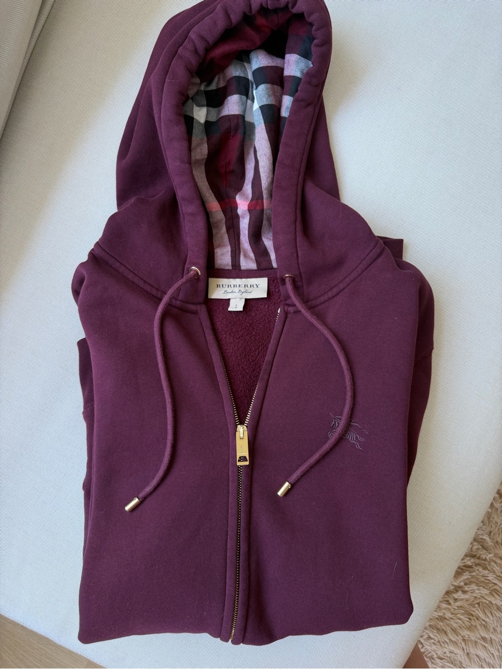 Burberry Plum Zip Hoodie with Check Lined Hood